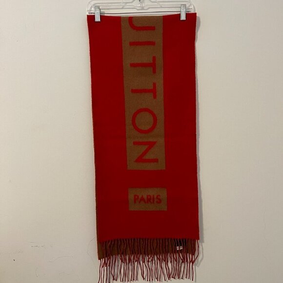 LOUIS VUITTON Oversized Logo Scarf Cashmere Camel Red Mint Condition - Picture 3 of 10